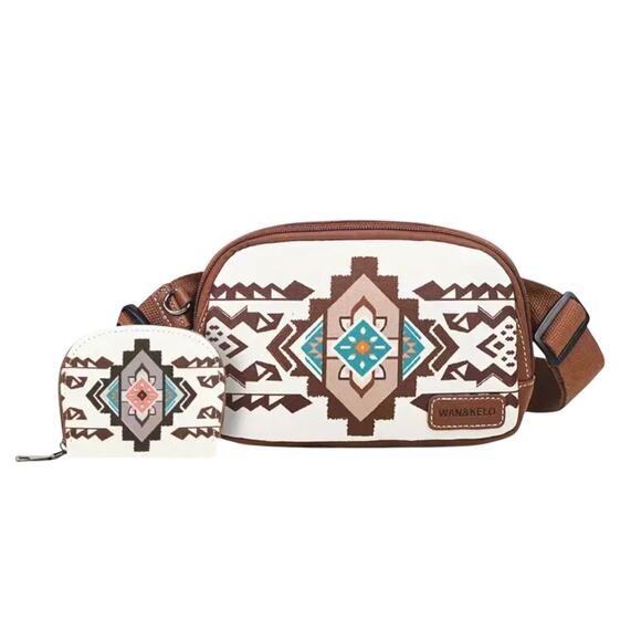 Aztec Print Crossbody Bag Set Canvas White Brown 2pc Western Style NWT Boho - Picture 1 of 6